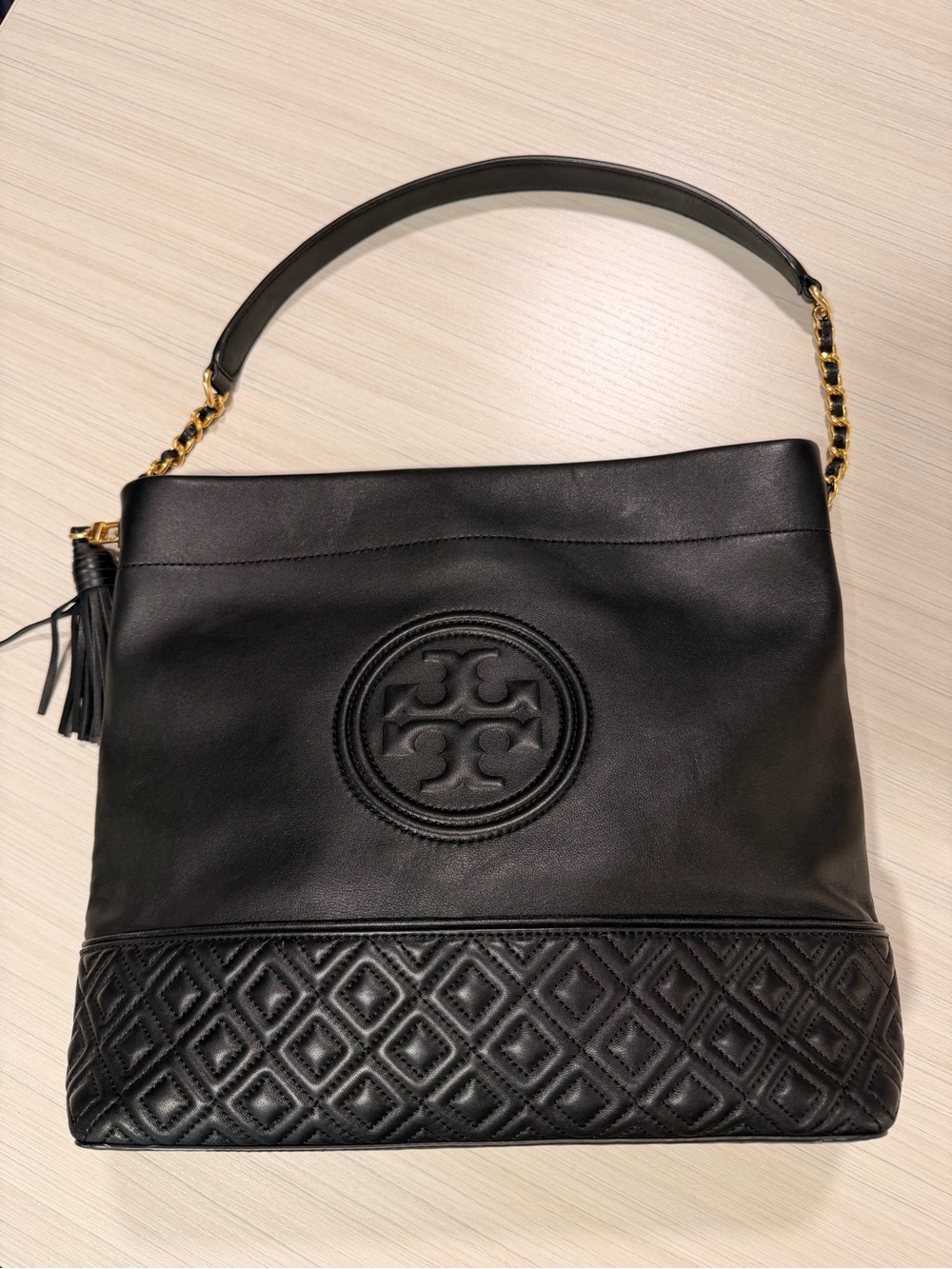 Tory Burch Black Quilted Trim Leather Shoulder Bag with Tassel